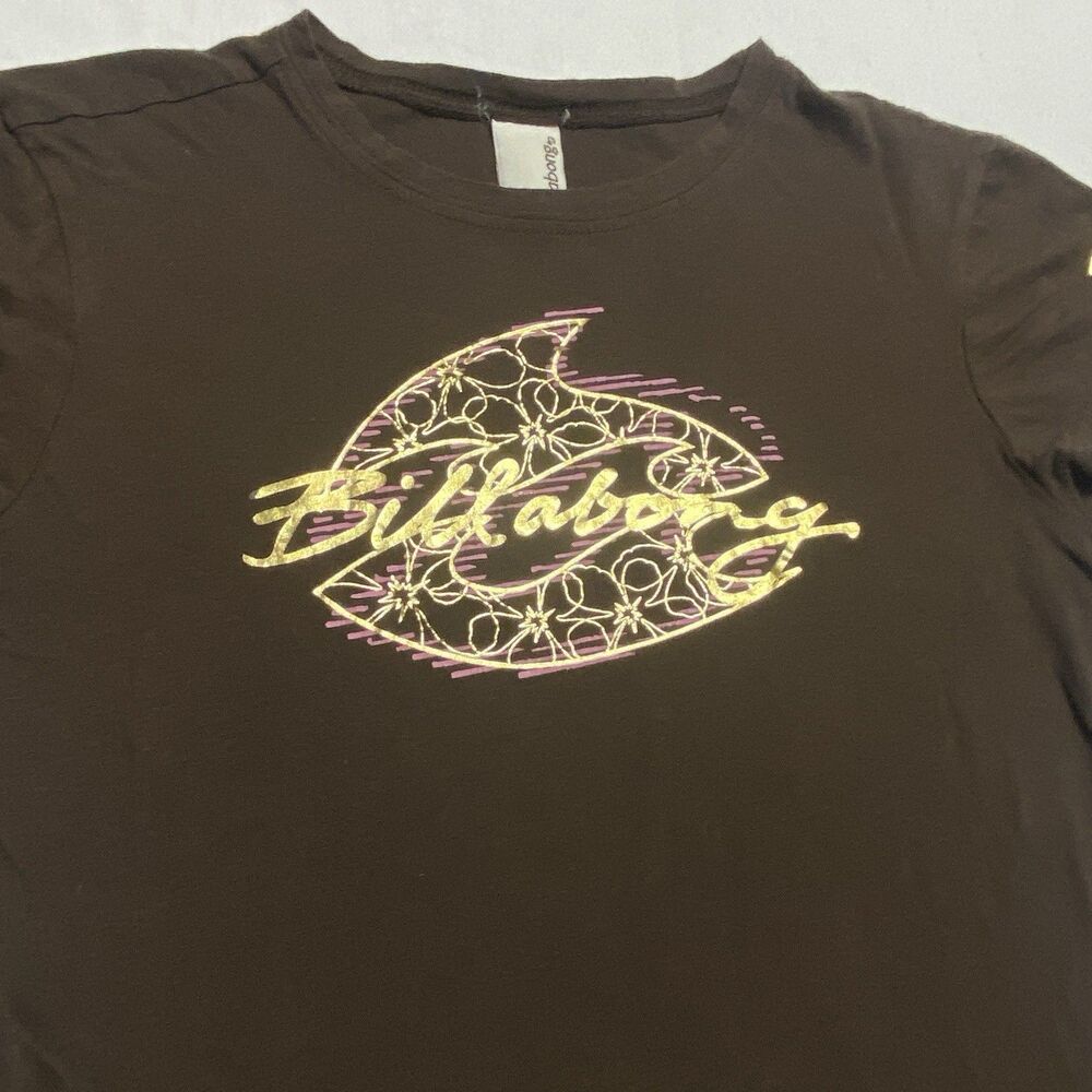 Billabong Y2K Womens Brown Baby Tee Gold Floral Logo Graphic Surf Shirt XS S